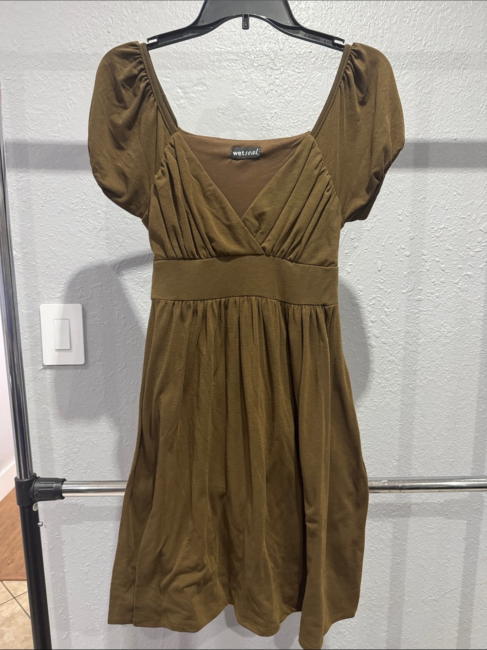 Wet Seal Olive Green Puff-Sleeve Empire Waist Midi Dress